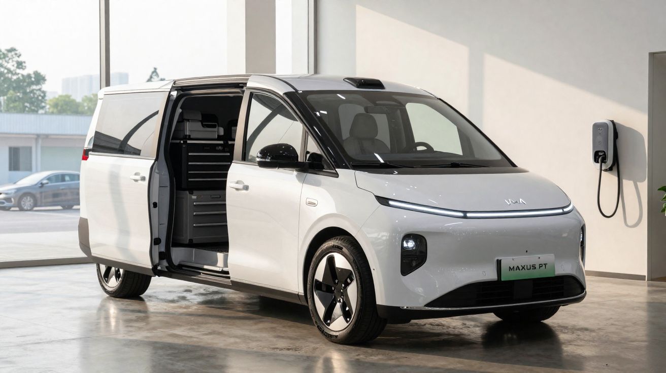 Van elétrica branca com portas laterais abertas em ambiente interno moderno, próxima a carregador veicular.