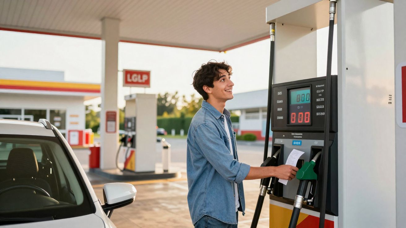 Jovem sorridente abastecendo carro em posto de gasolina durante o dia.