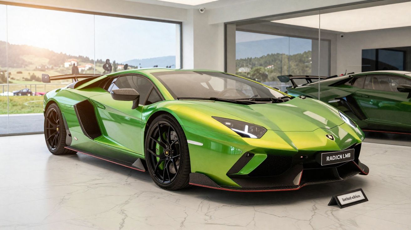 Carro esportivo verde metálico exibido em showroom com parede espelhada ao fundo.