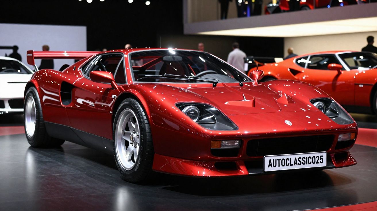 Carro esportivo clássico vermelho exposto em salão automotivo com iluminação destacando seu design aerodinâmico.