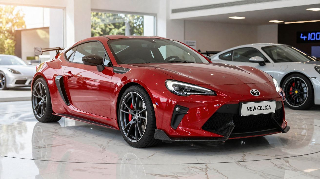 Carro esportivo vermelho Toyota New Celica exposto em showroom com piso de mármore brilhante.