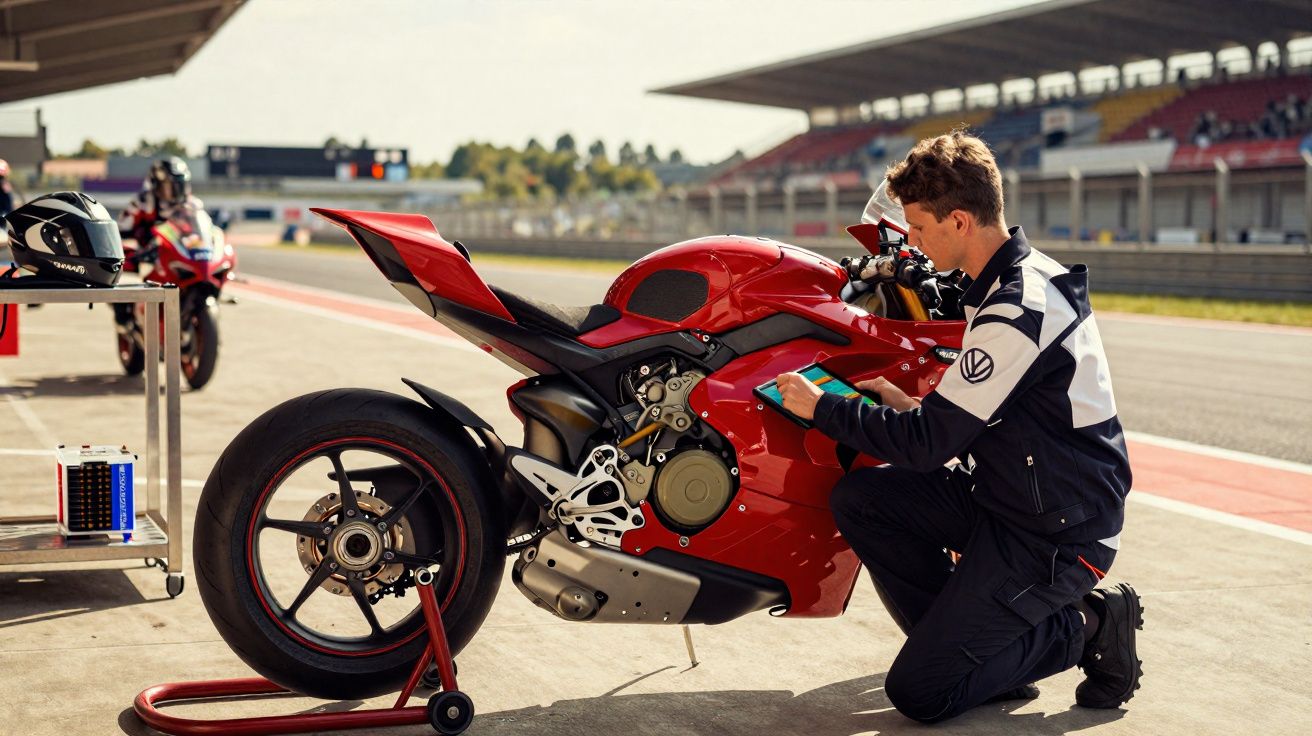 Homem com macacão realiza ajuste em motocicleta esportiva vermelha na pista de corrida.