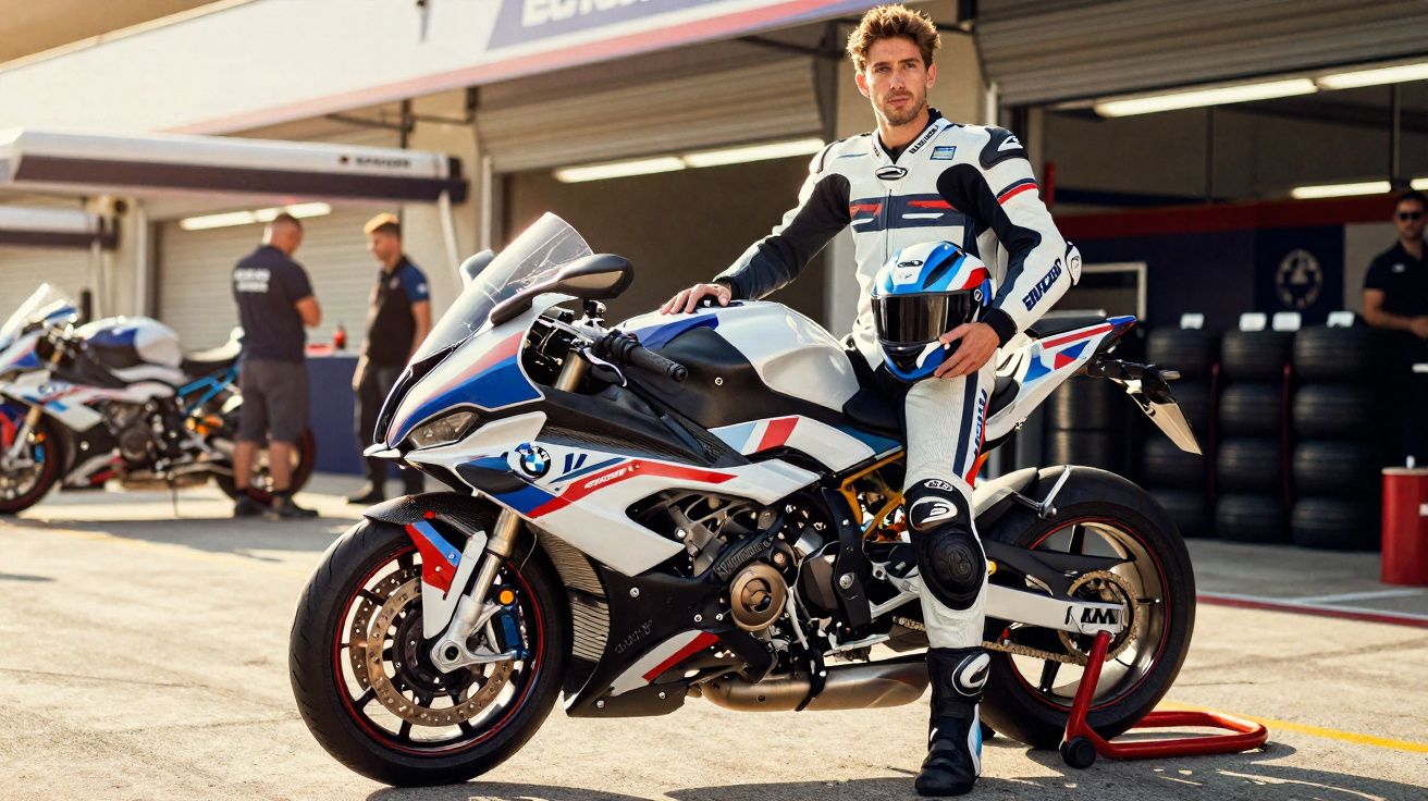 Homem em roupa de corrida apoiado em motocicleta esportiva branca com detalhes azuis e vermelhos em pista de corrida.