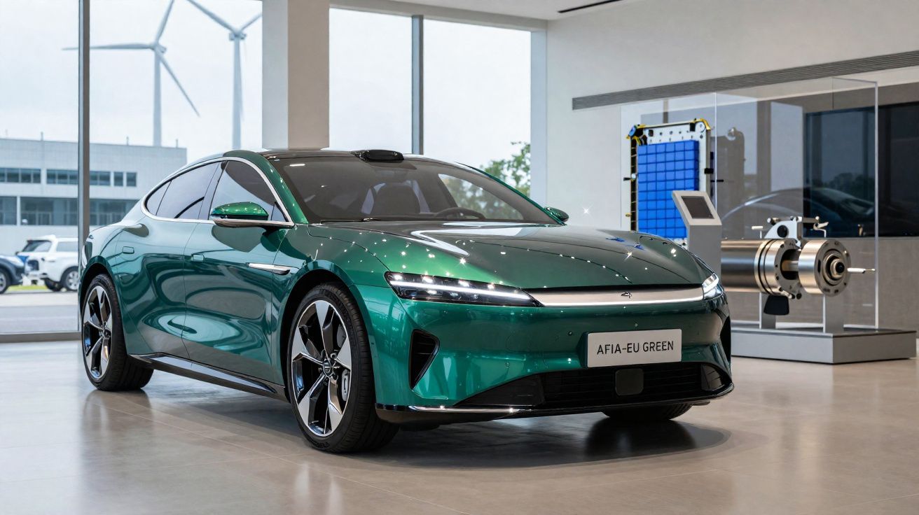 Carro elétrico verde AFIA-EU GREEN em exposição, com turbinas eólicas ao fundo.