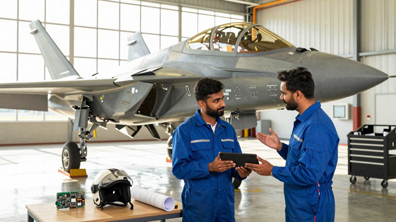 Dois engenheiros em macacões azuis discutem usando tablet em hangar com jato de combate cinza ao fundo.