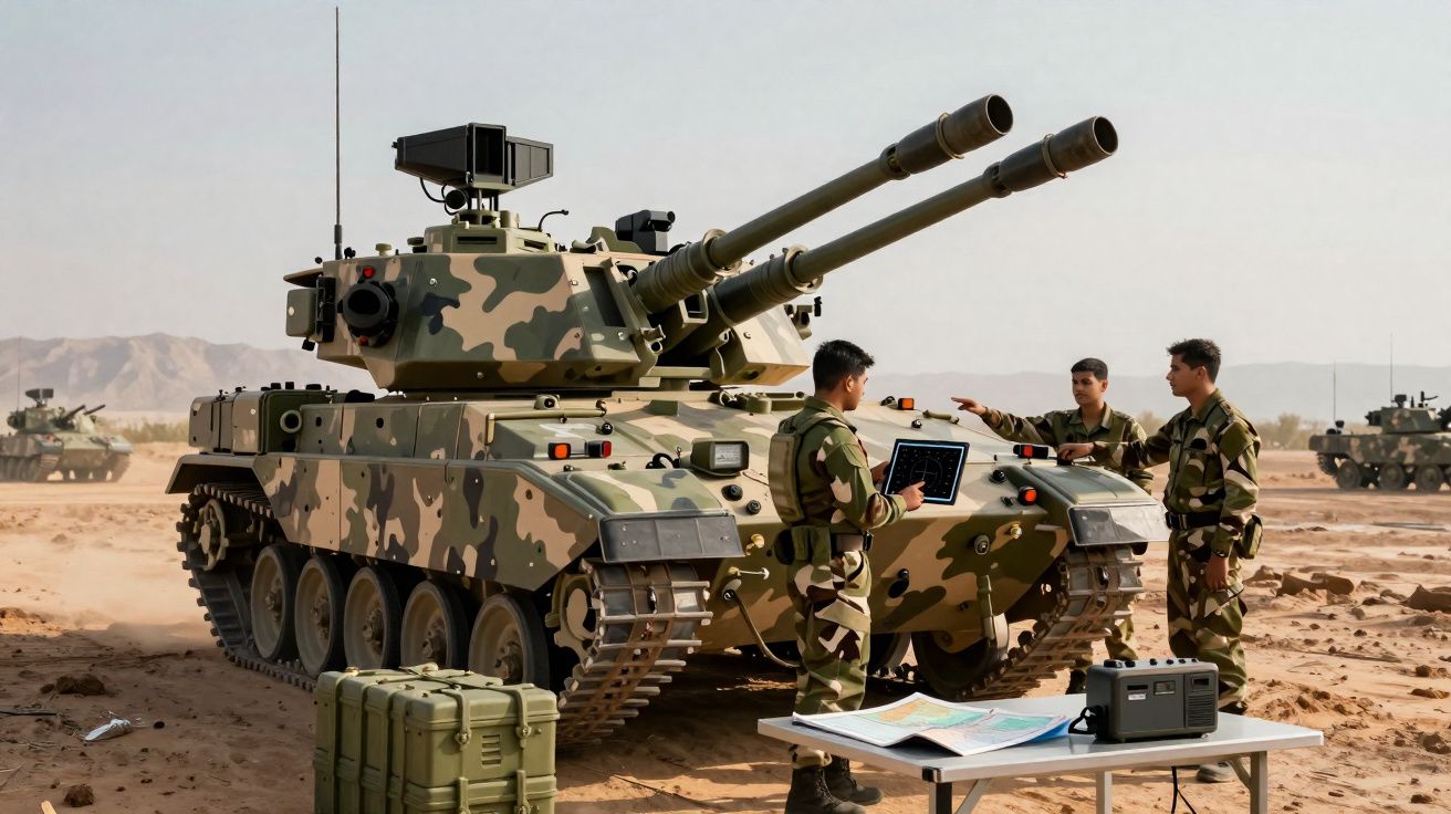 Tanque de guerra camuflado com três soldados realizando operação no deserto, próximo a mesa com equipamentos.