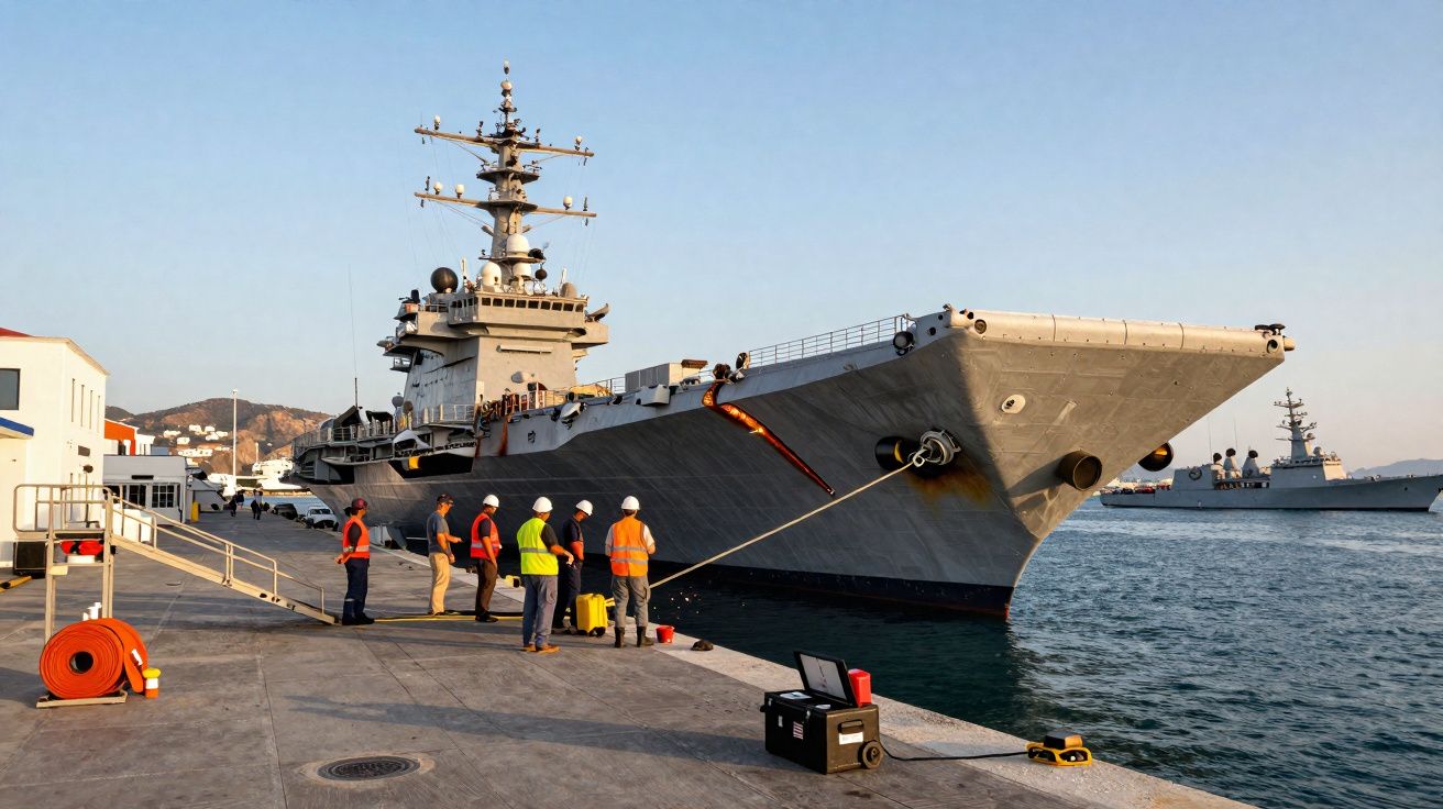 Navio de guerra atracado em porto com tripulação vestindo coletes refletivos e capacetes.