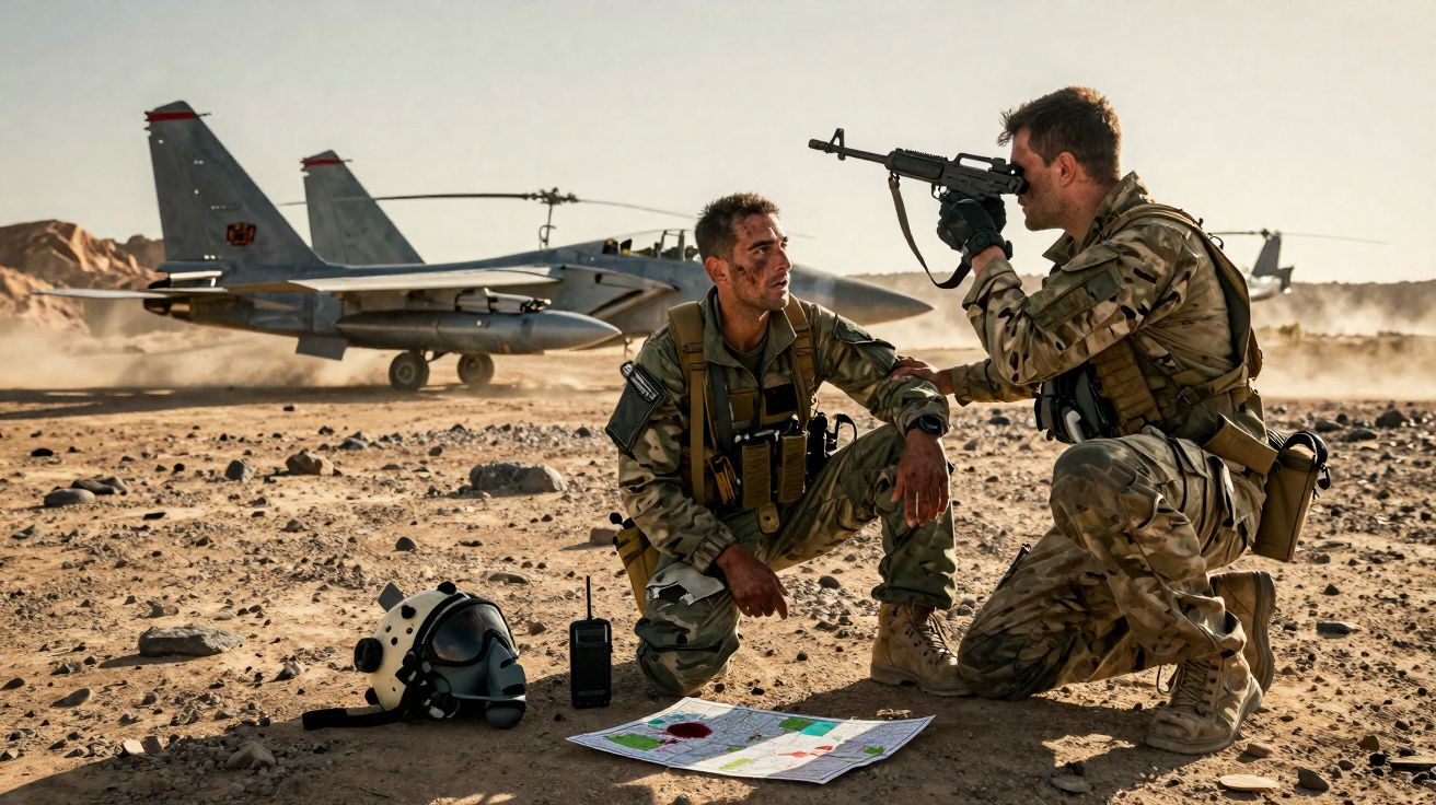 Dois soldados em uniforme militar com mapa no chão próximo a jato de combate em região desértica.