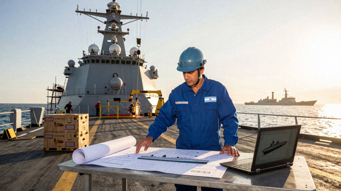 Homem com capacete azul analisa plantas sobre mesa em convés de navio militar ao pôr do sol.