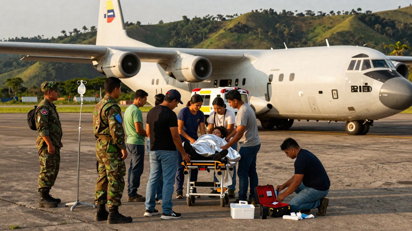 Equipe médica e soldados evacuam paciente em maca próxima a avião militar em pista de pouso.