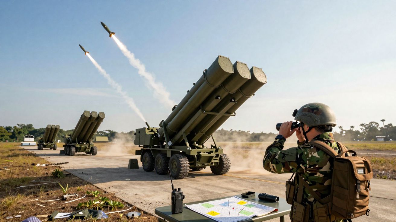 Soldado observa lançamento de mísseis de veículos militares em campo aberto durante treinamento.