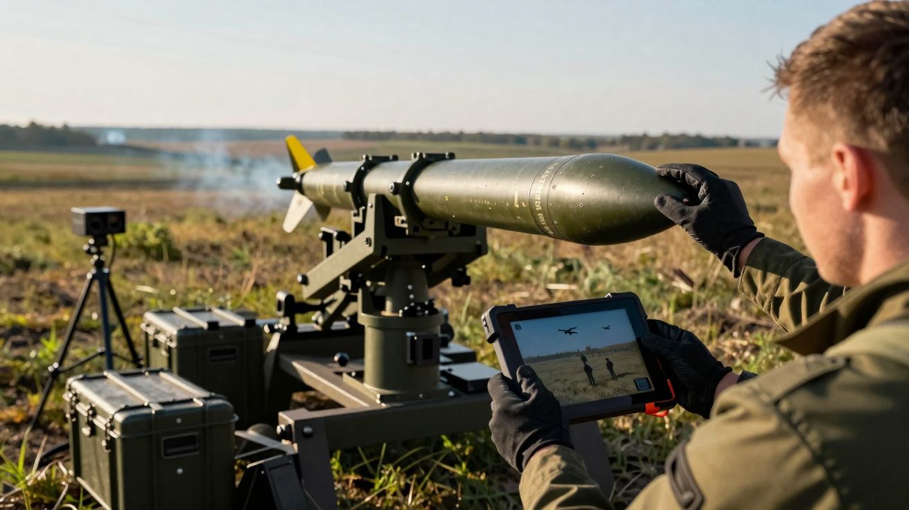 Soldado operando sistema de lançamento de míssil guiado em campo aberto durante treinamento.