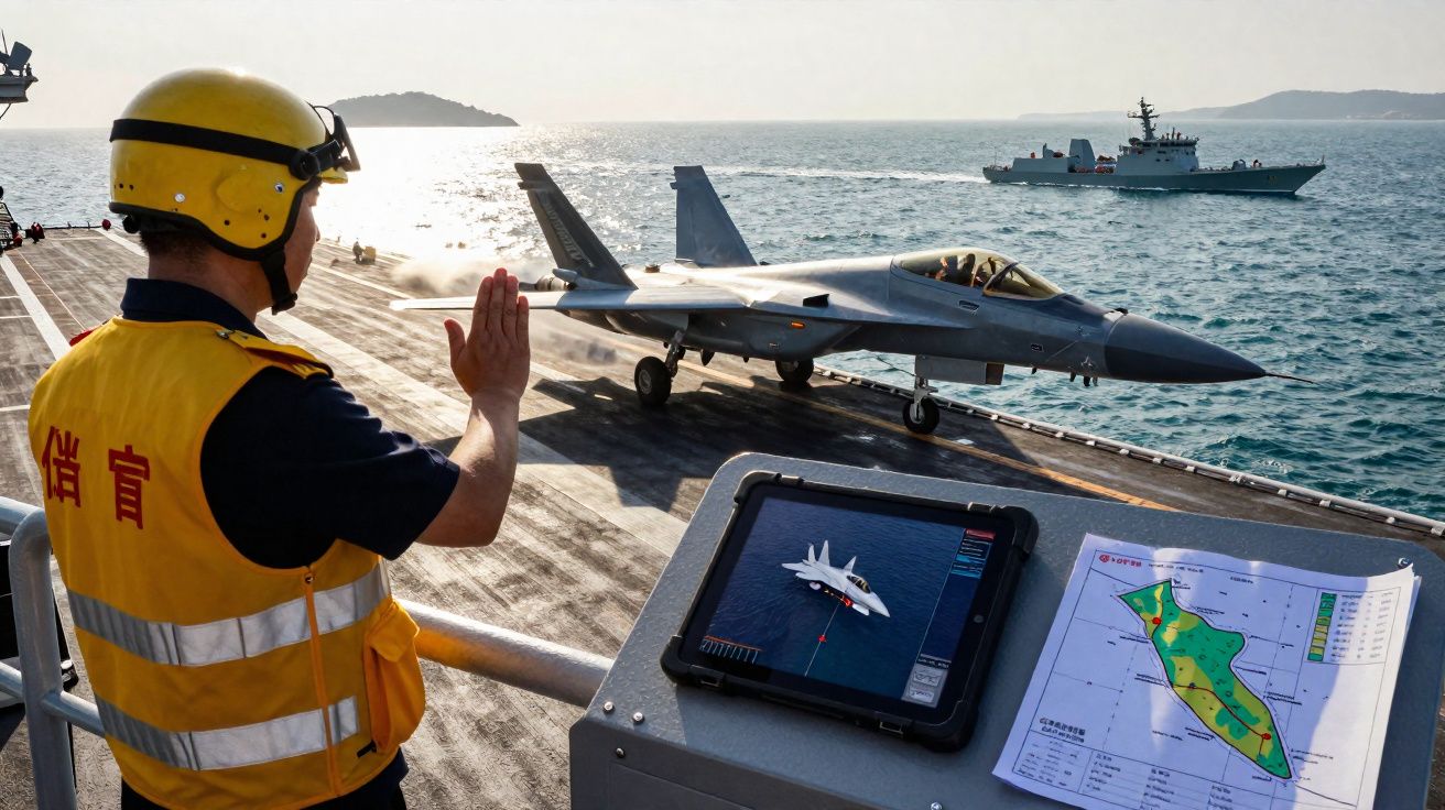 Militar orienta decolagem de caça em porta-aviões com navio e mar ao fundo sob luz do dia.