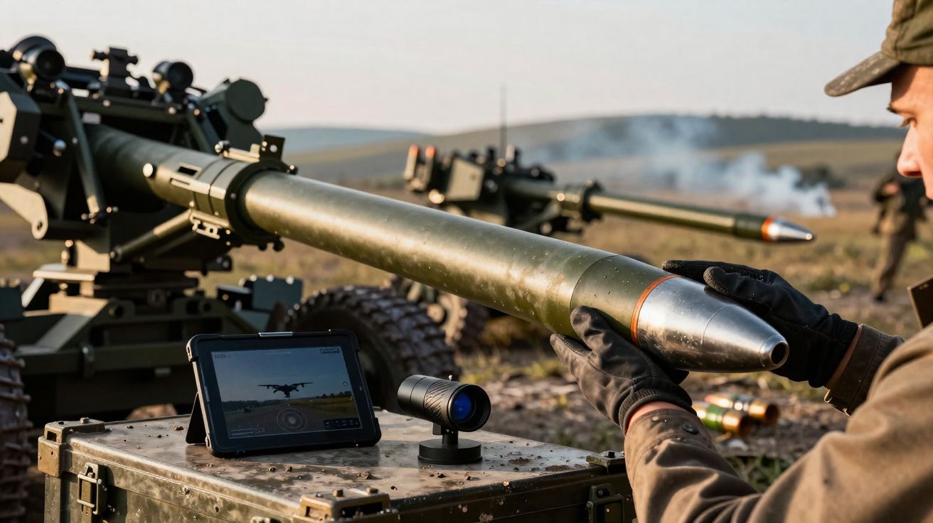 Soldado carregando projétil em arma de artilharia com tablet e equipamento óptico em campo aberto.