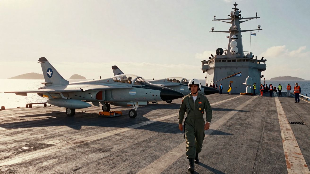 Avião de caça estacionado em convés de porta-aviões com militar caminhando e equipe ao fundo.