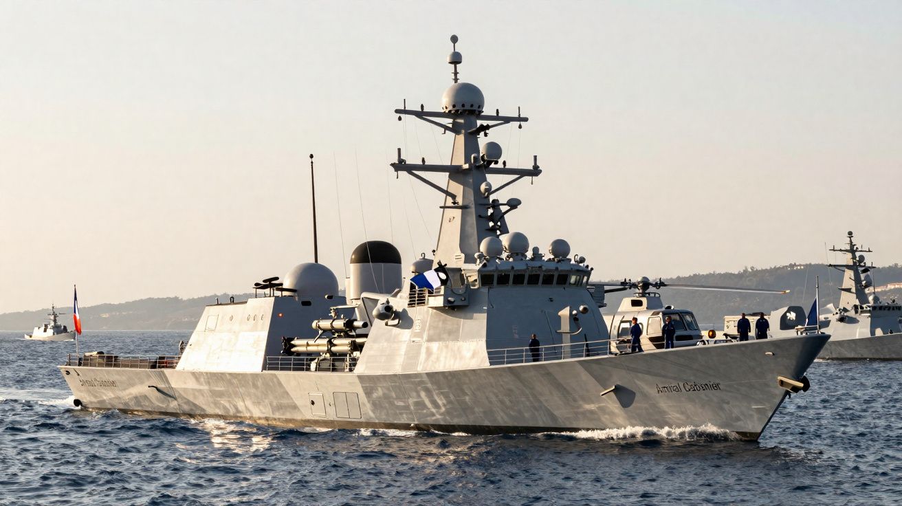 Navio de guerra militar cinza navegando em mar calmo ao entardecer com tripulação visível no convés