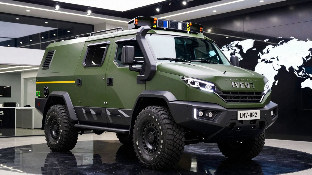 Veículo blindado militar verde em exposição interna com mapa-múndi ao fundo.