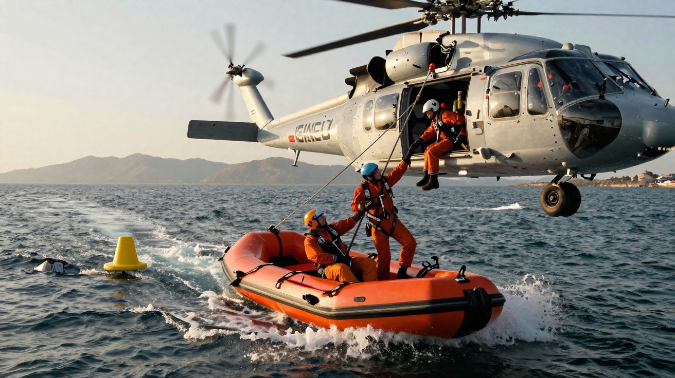Helicóptero realizando resgate marítimo com equipe descendo para bote inflável laranja no mar ao entardecer.