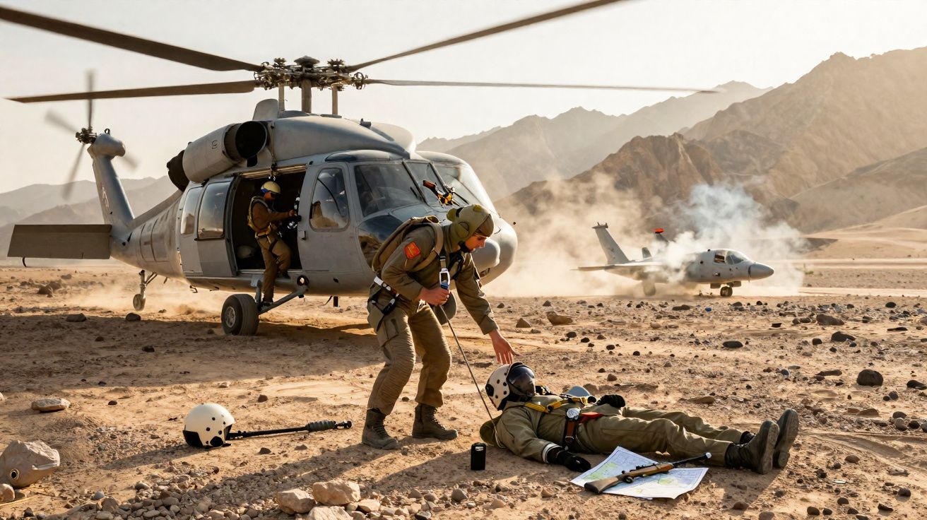 Helicóptero militar em área desértica com soldados em treinamento e avião lançando fumaça ao fundo.