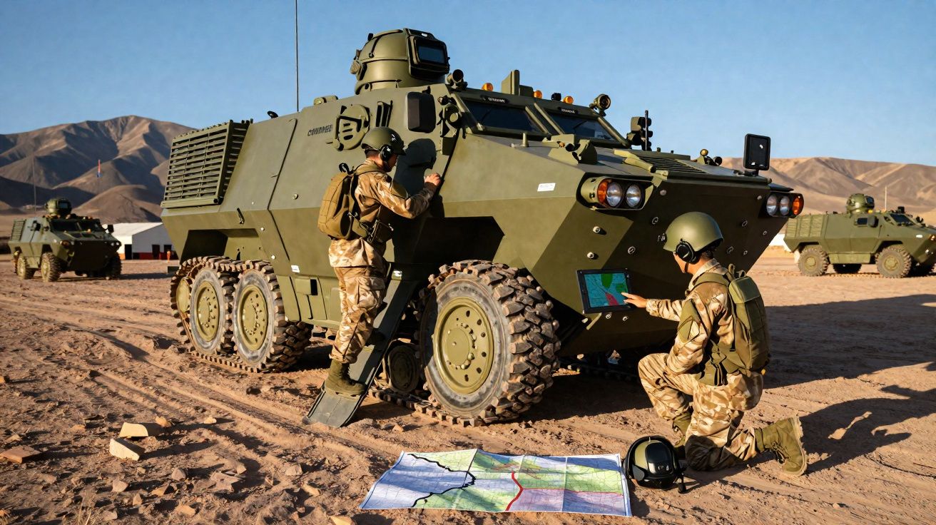 Dois soldados em uniforme camuflado interagem com veículo militar blindado em área desértica com mapa no chão.