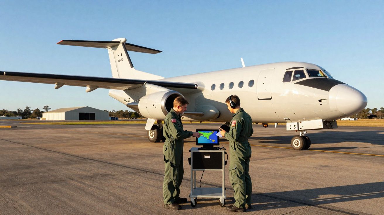 Dois militares em uniformes verdes analisam mapa digital em equipamento móvel ao lado de jato branco em pista aeroportuária.