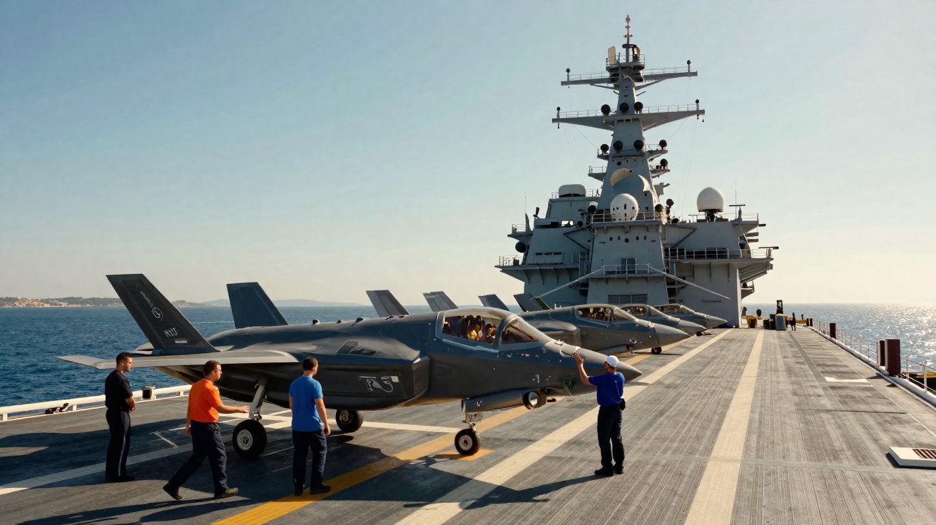 Pessoas guiando caças F-35 em porta-aviões no mar em dia claro com céu azul.