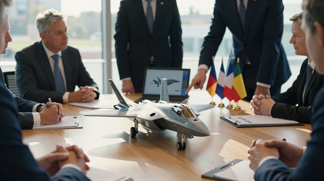 Reunião de executivos ao redor de mesa com maquete de avião militar e bandeiras de diferentes países.