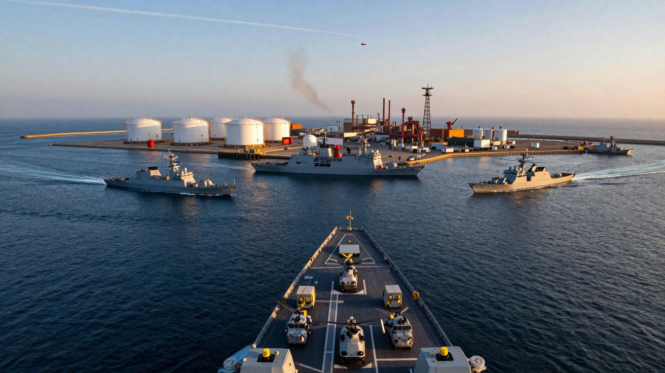 Navios militares próximos a uma plataforma industrial offshore no mar ao entardecer.