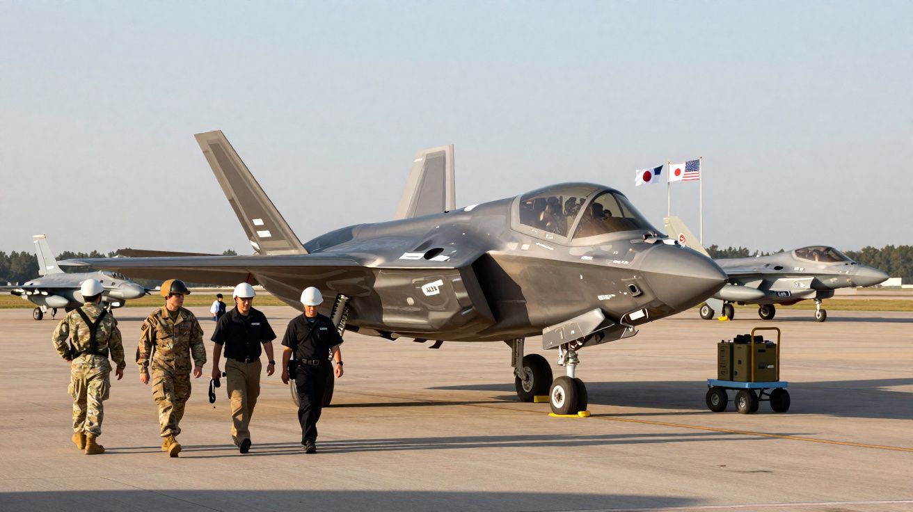 Quatro militares caminham ao lado de caça F-35 estacionado em pista com duas outras aeronaves ao fundo.