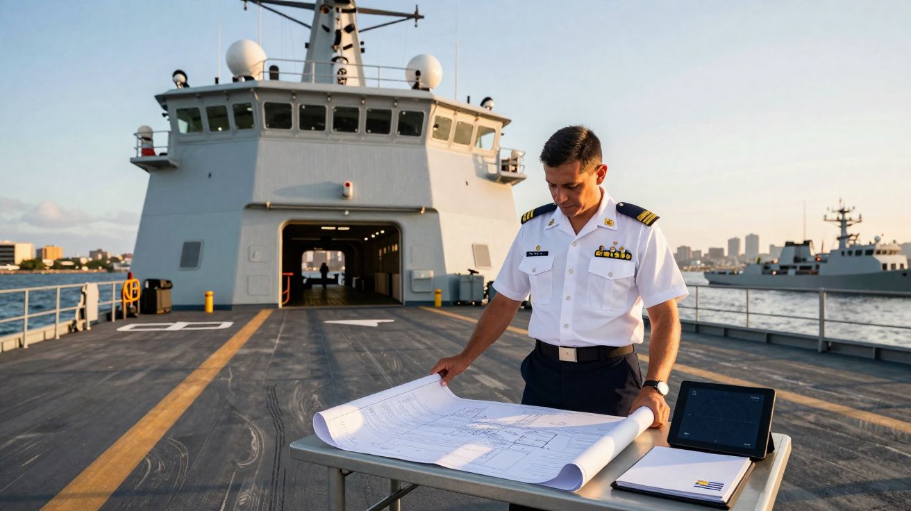 Oficial naval em uniforme branco consultando mapas náuticos sobre mesa no convés de um navio militar ao pôr do sol.