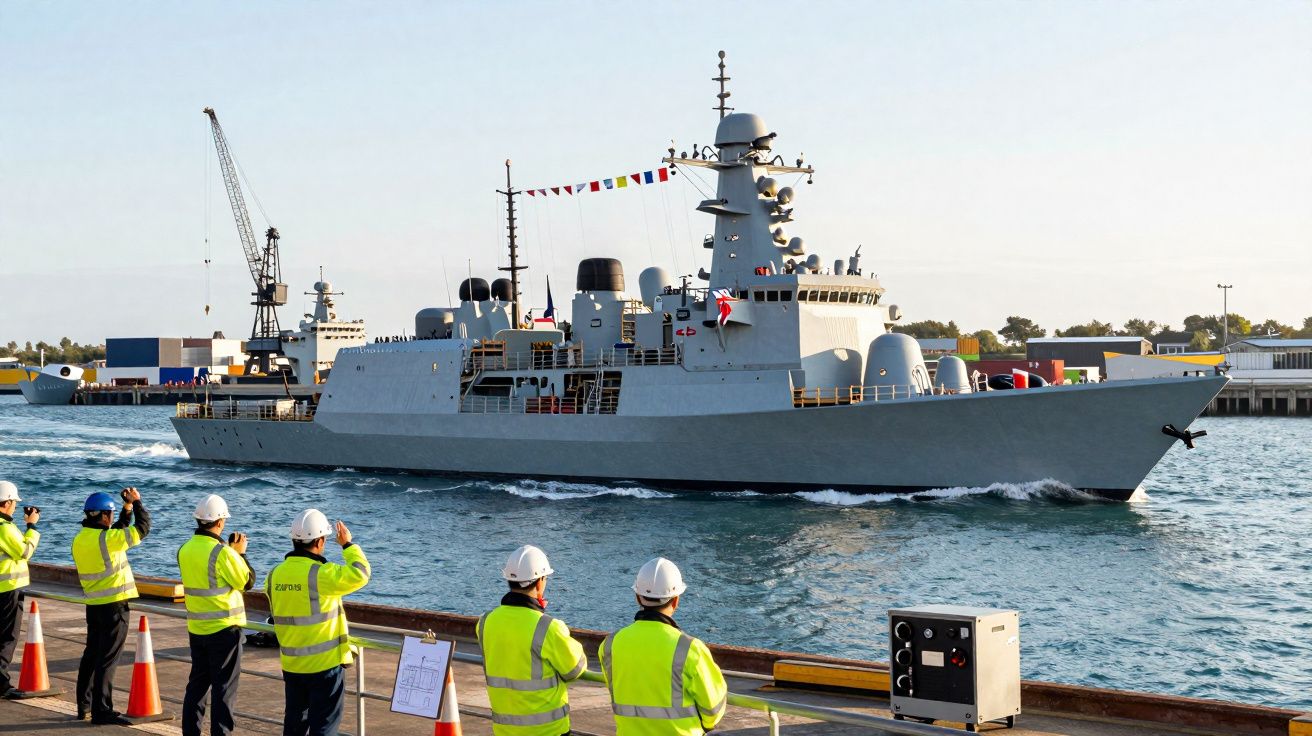 Navio militar cinza navegando próximo ao cais com trabalhadores de colete refletivo observando.