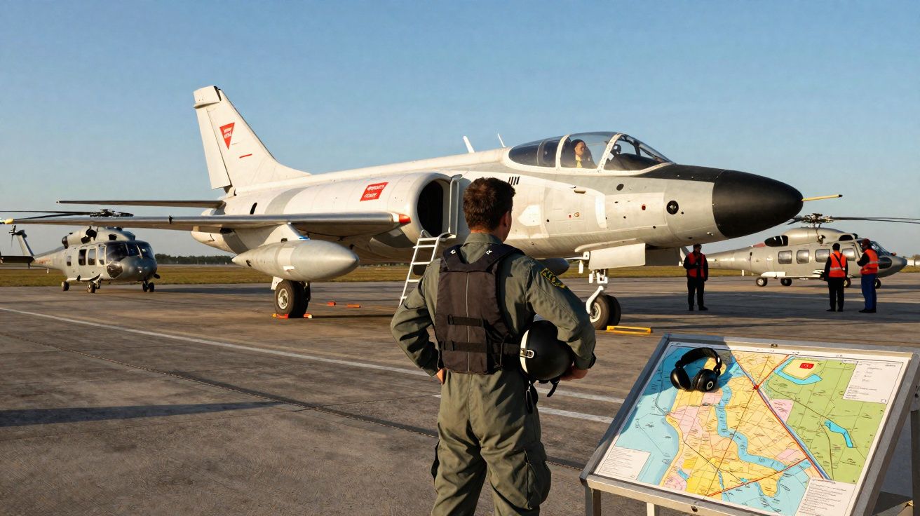 Piloto observa avião branco estacionado na pista com helicópteros e mapa ao lado sob céu azul.