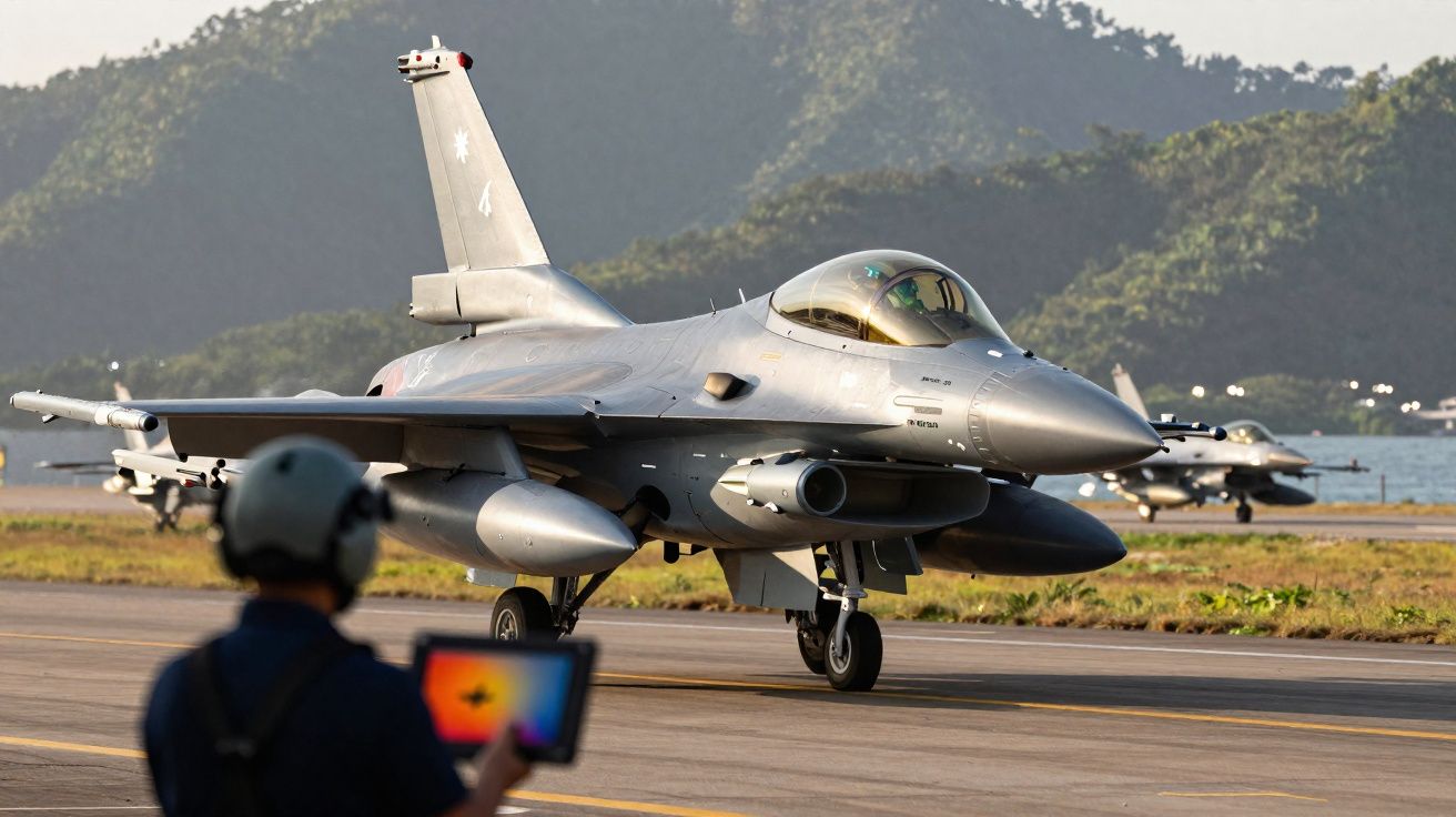 Caça F-16 taxiando em pista com piloto e outro caça ao fundo em ambiente montanhoso.