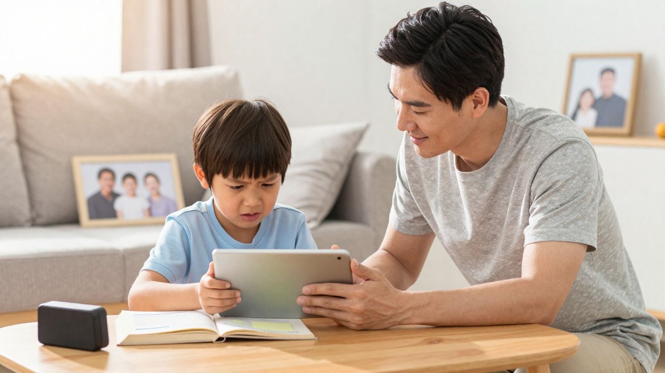 Pai e filho usando tablet juntos em sala com mesa, livro aberto e porta-retratos ao fundo.