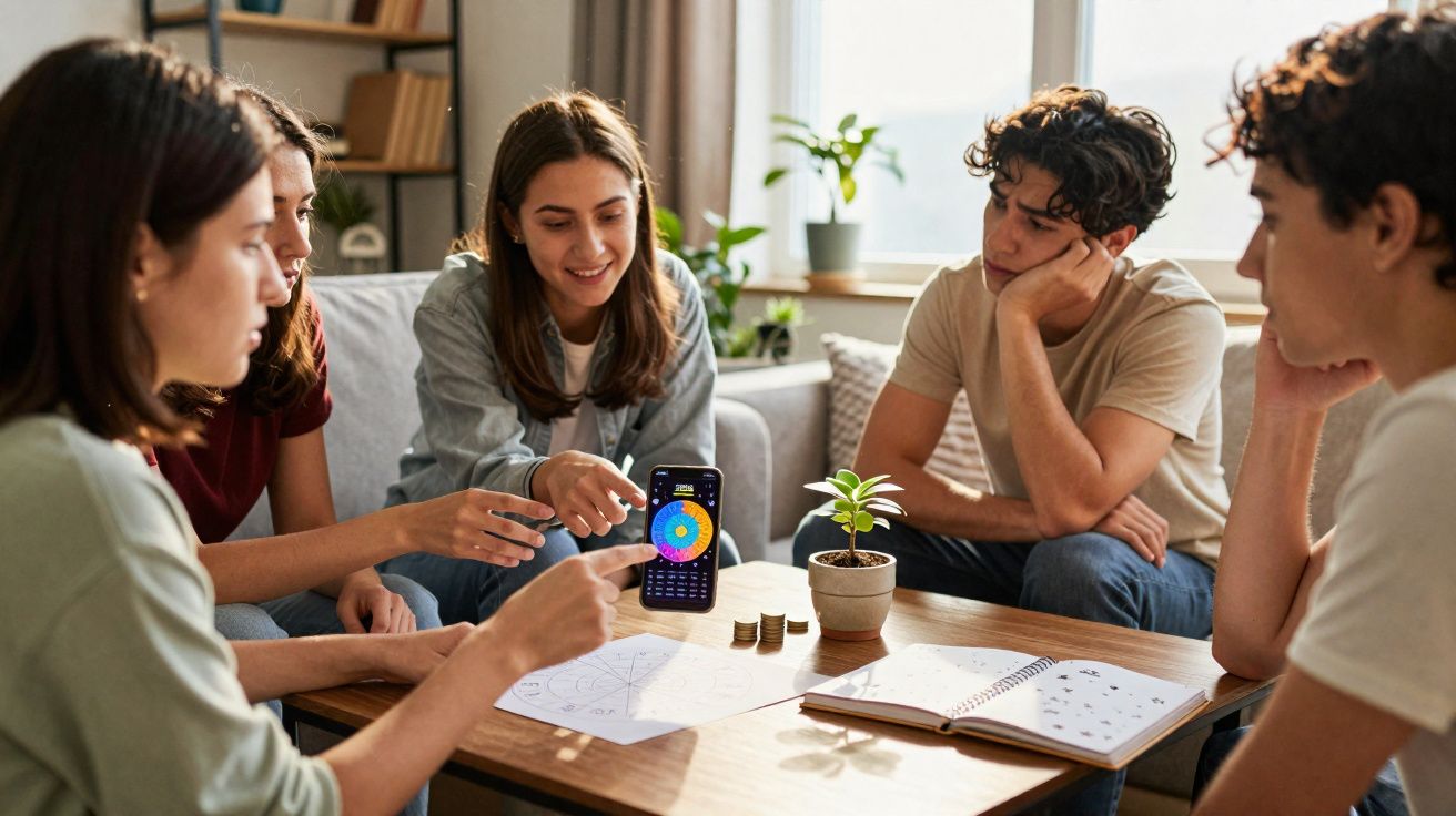 Grupo de jovens reunidos em sala, analisando gráficos de finanças em papel e celular sobre mesa de madeira.