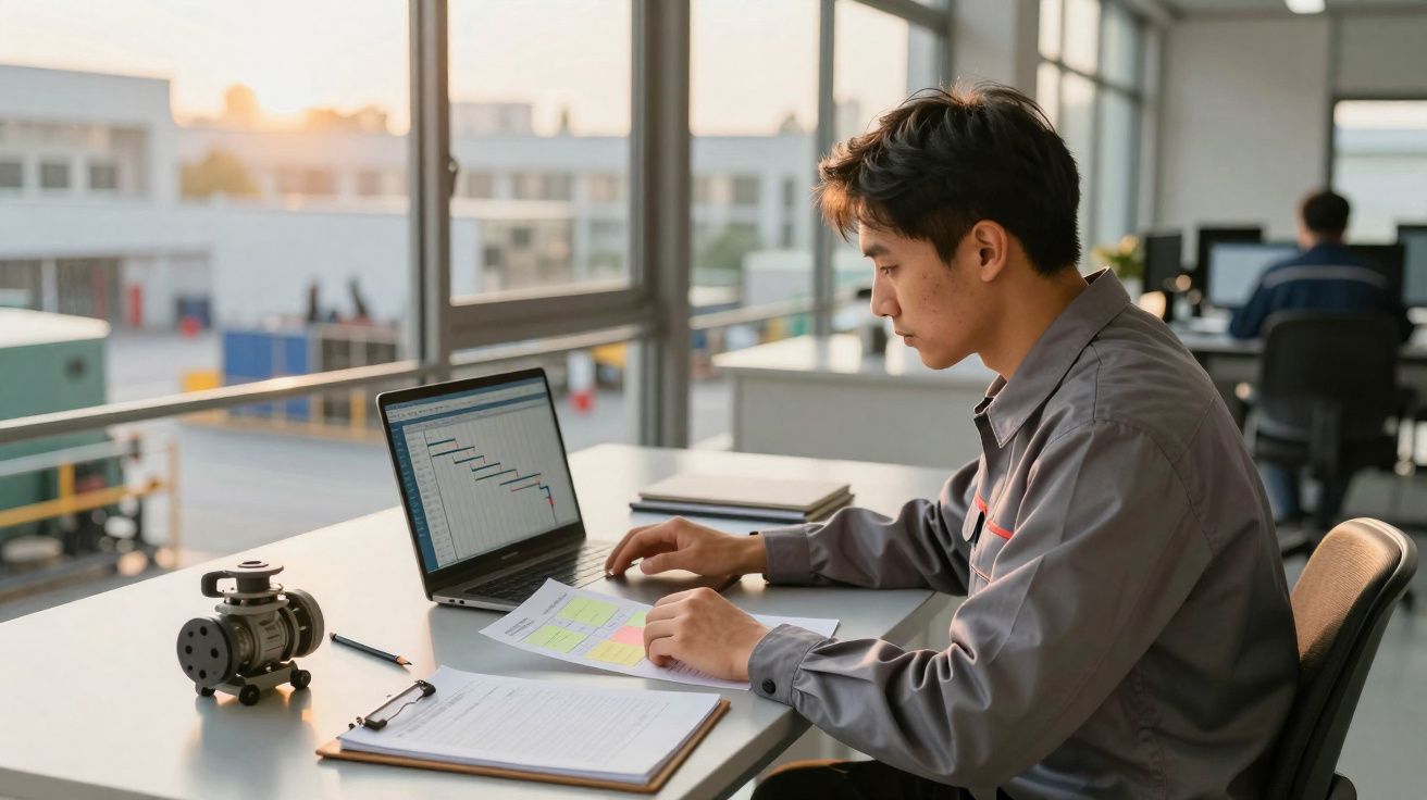 Homem trabalhando em laptop e analisando documentos em escritório com janelas grandes ao fundo.