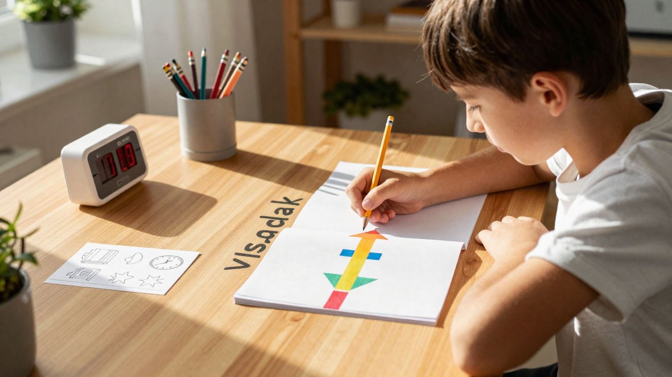 Menino desenhando setas coloridas em caderno em mesa de madeira com lápis e despertador digital.