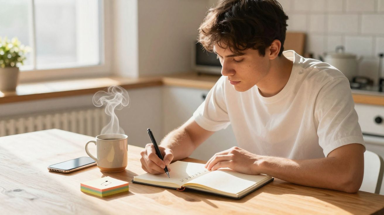 Jovem sentado à mesa escrevendo em um caderno com caneca de café fumegante ao lado.