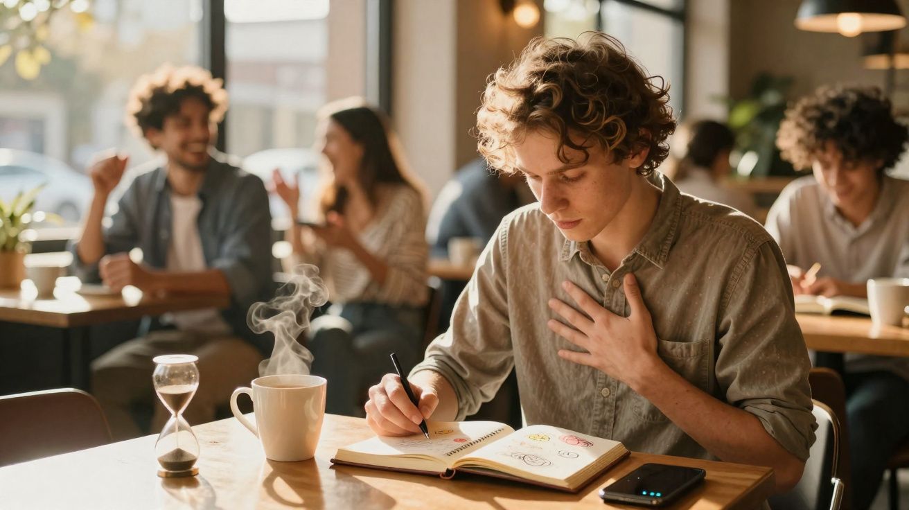 Jovem sentado em cafeteria escrevendo em caderno com xícara de café fumegante ao lado.