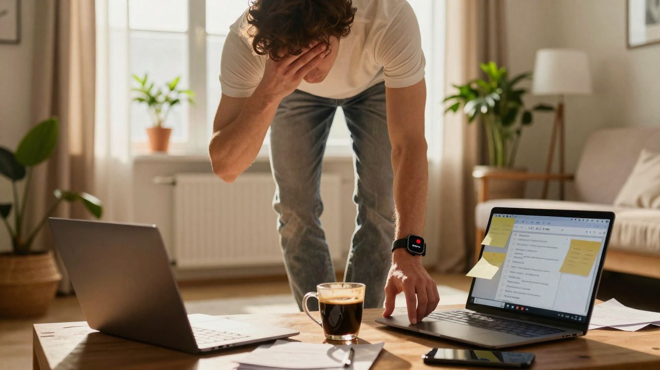 Homem com expressão de estresse, segurando a cabeça, entre dois laptops em mesa de trabalho com café.