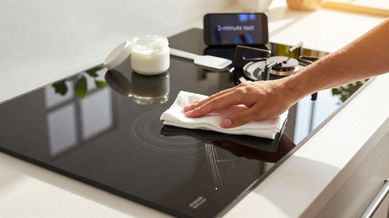 Mão limpando superfície de fogão de vidro com pano branco e pote de creme ao fundo.