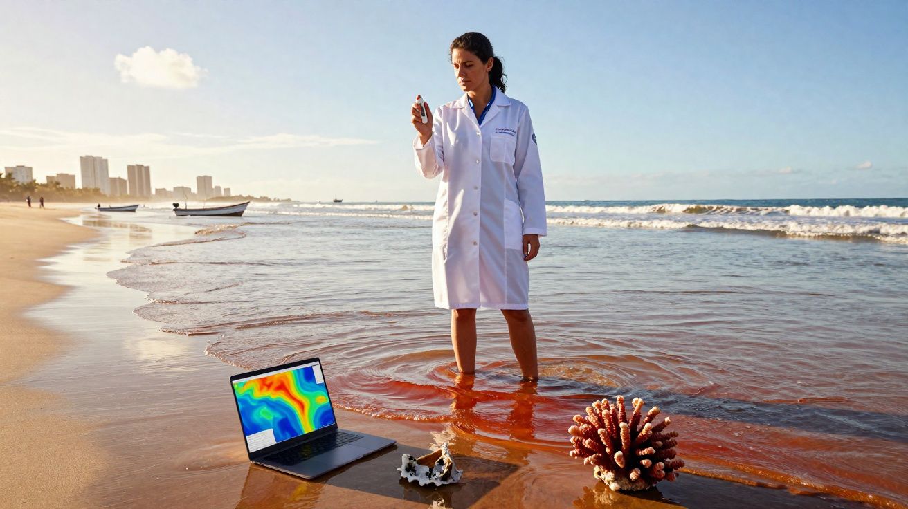 Mulher em jaleco branco na praia segura amostra de água, com laptop e corais na areia molhada.