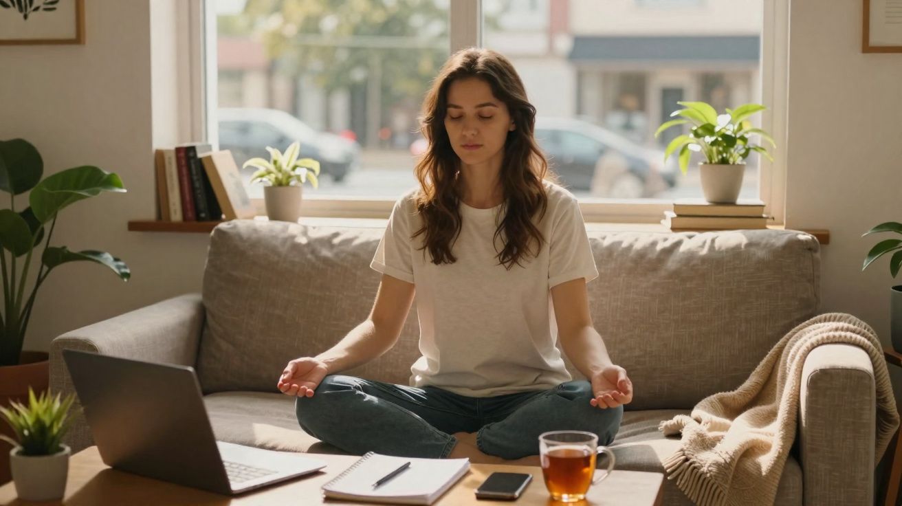 Mulher sentada em posição de lótus meditando na sala com laptop, caderno, celular e xícara de chá na mesa.