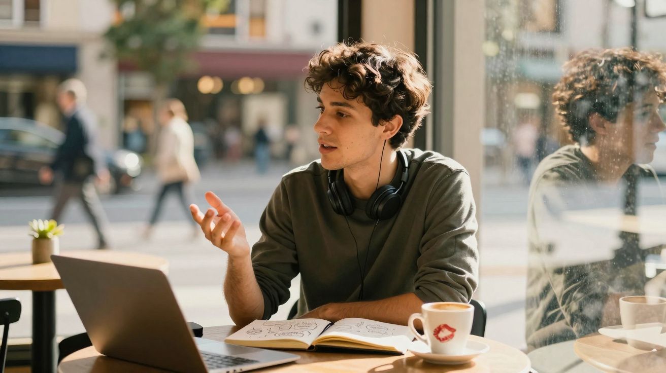 Jovem sentado em café, conversando e gesticulando, com laptop, caderno e xícara à sua frente.