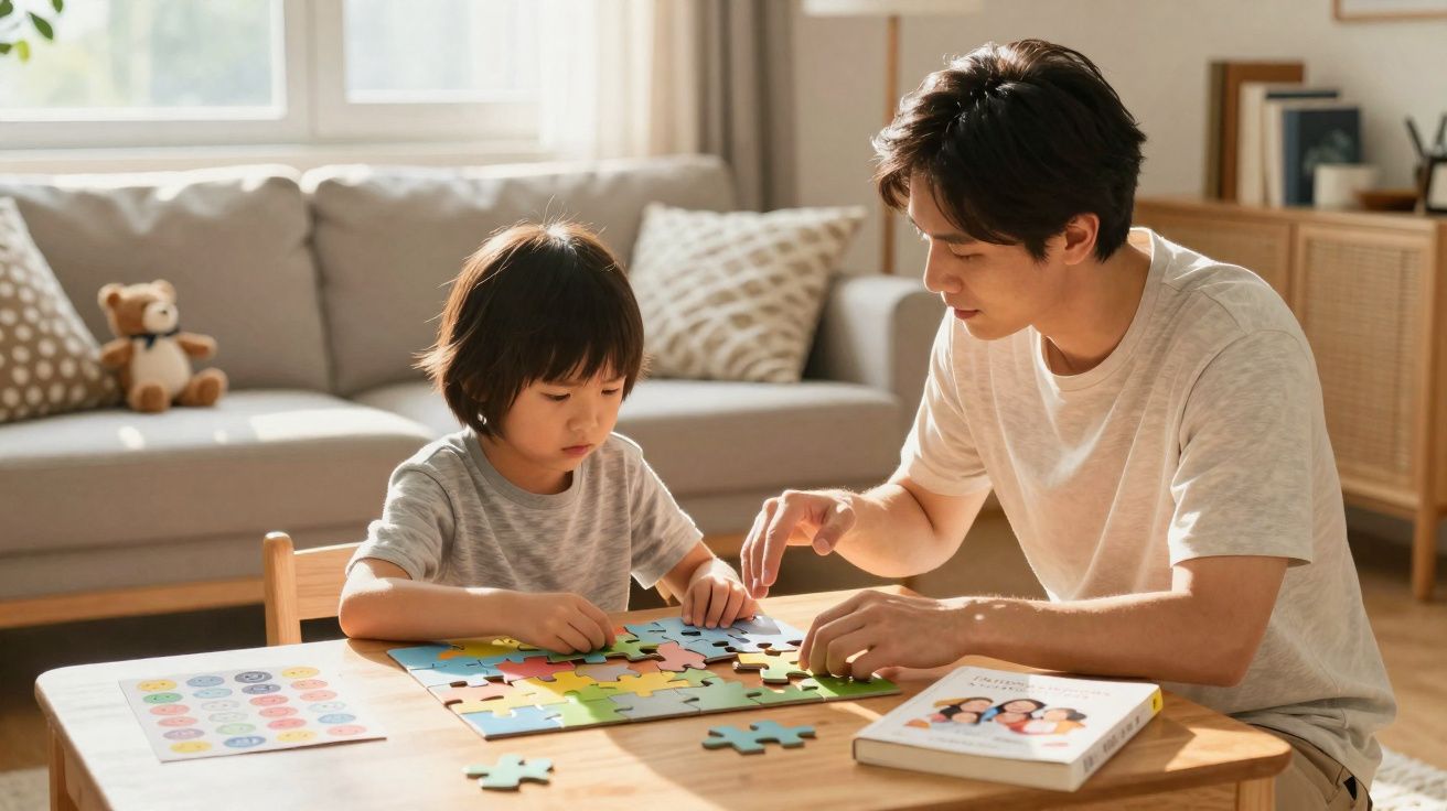 Pai e filho montando quebra-cabeça juntos em mesa de madeira em sala iluminada pela luz natural.