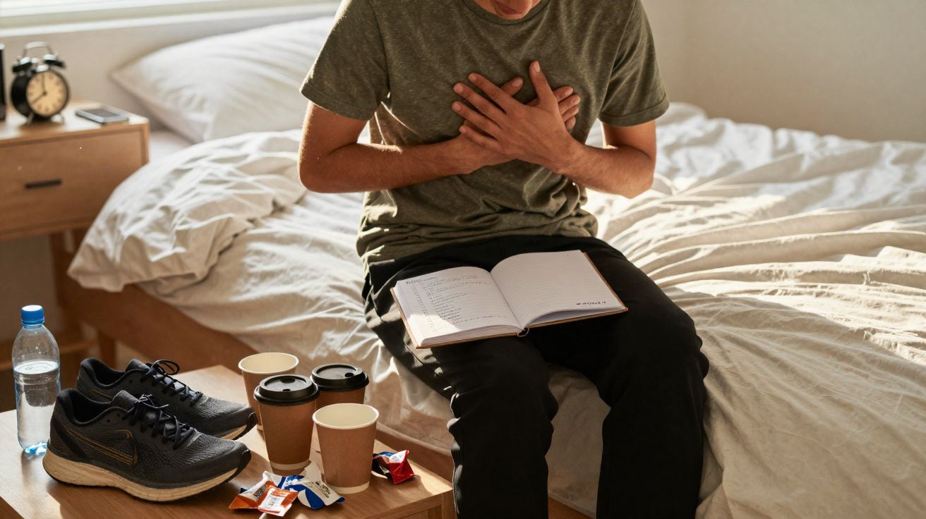 Pessoa sentada na cama com as mãos no peito, ao lado tênis, bebidas e alimentos sobre a mesa.