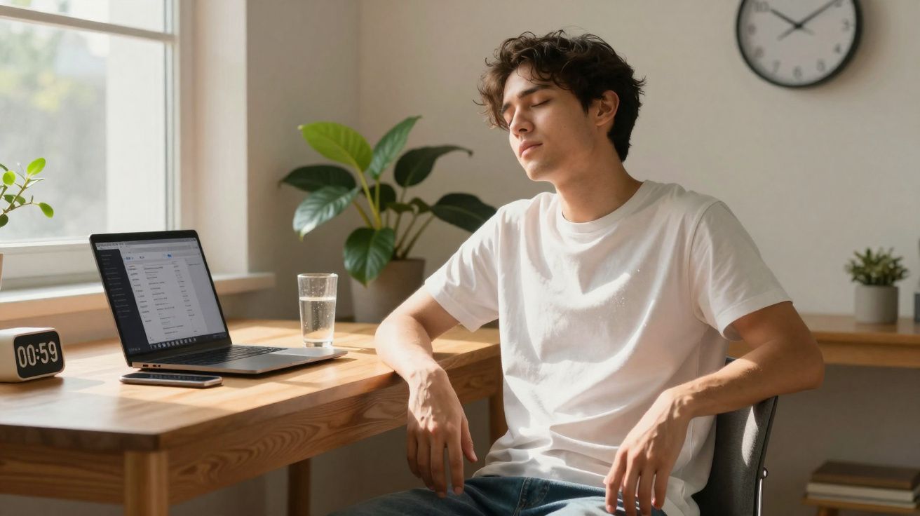 Jovem sentado em cadeira com olhos fechados ao lado de mesa com laptop, copo d’água e planta.