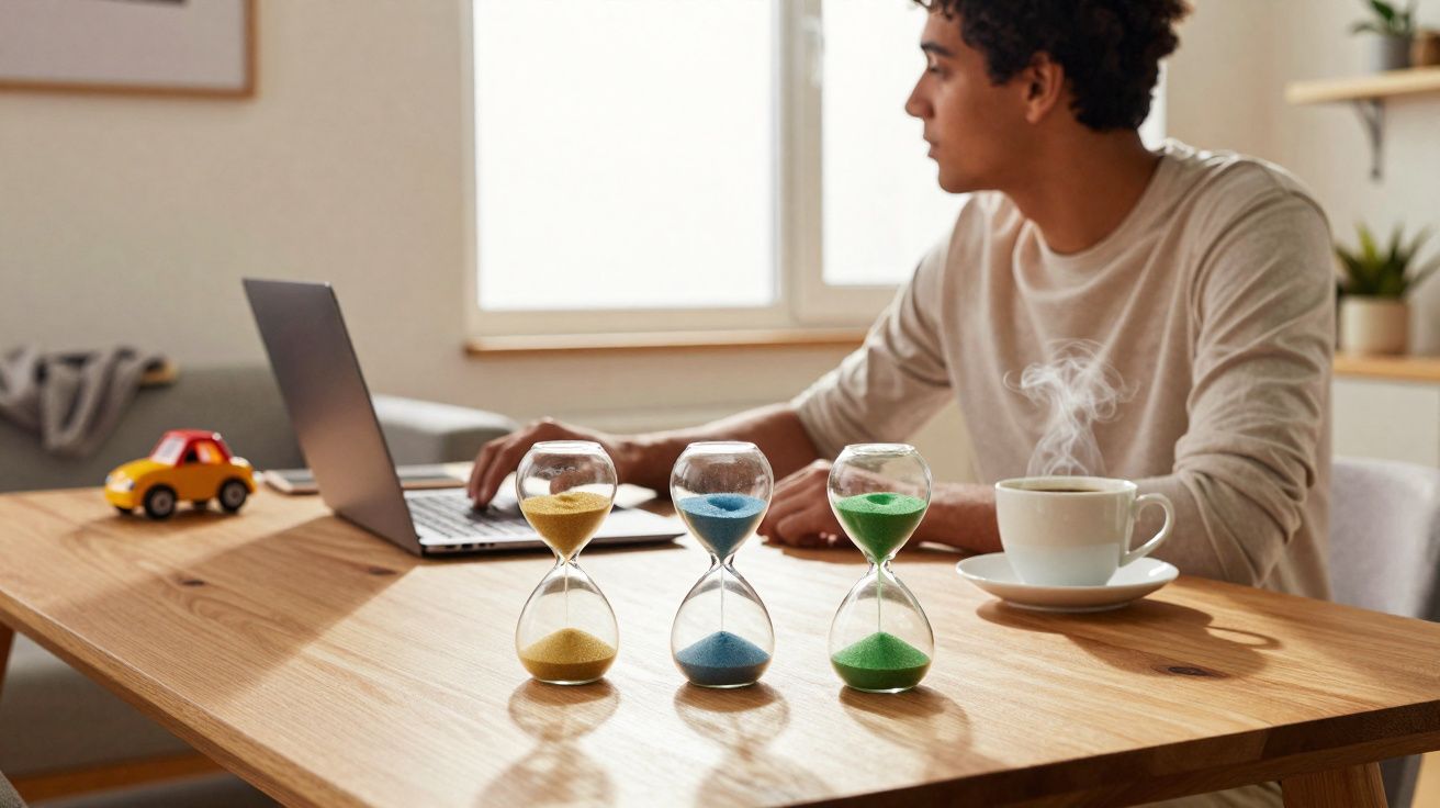 Homem trabalhando em notebook com três ampulhetas coloridas e xícara de café numa mesa de madeira.