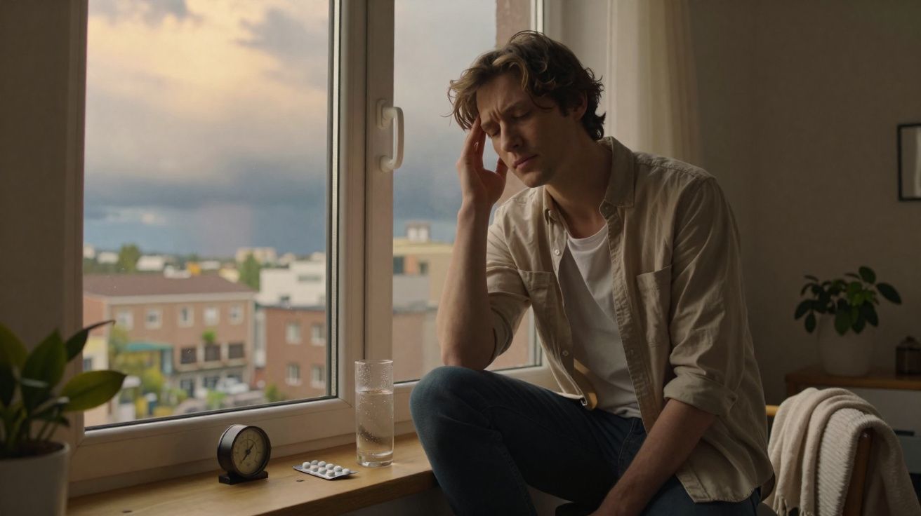 Jovem sentado perto da janela com expressão de dor de cabeça, com vidro de água e remédios ao lado.