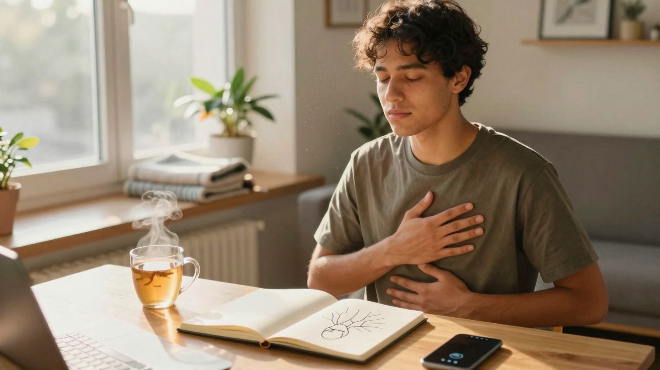 Jovem sentado à mesa com livro aberto, segurando o peito com expressão de desconforto.